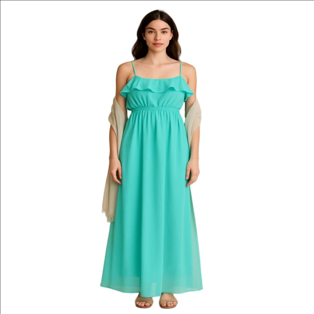 Maxi Turquise Sheer Embroidered Racerback Strapy Flowy Ruffled Halter Dress